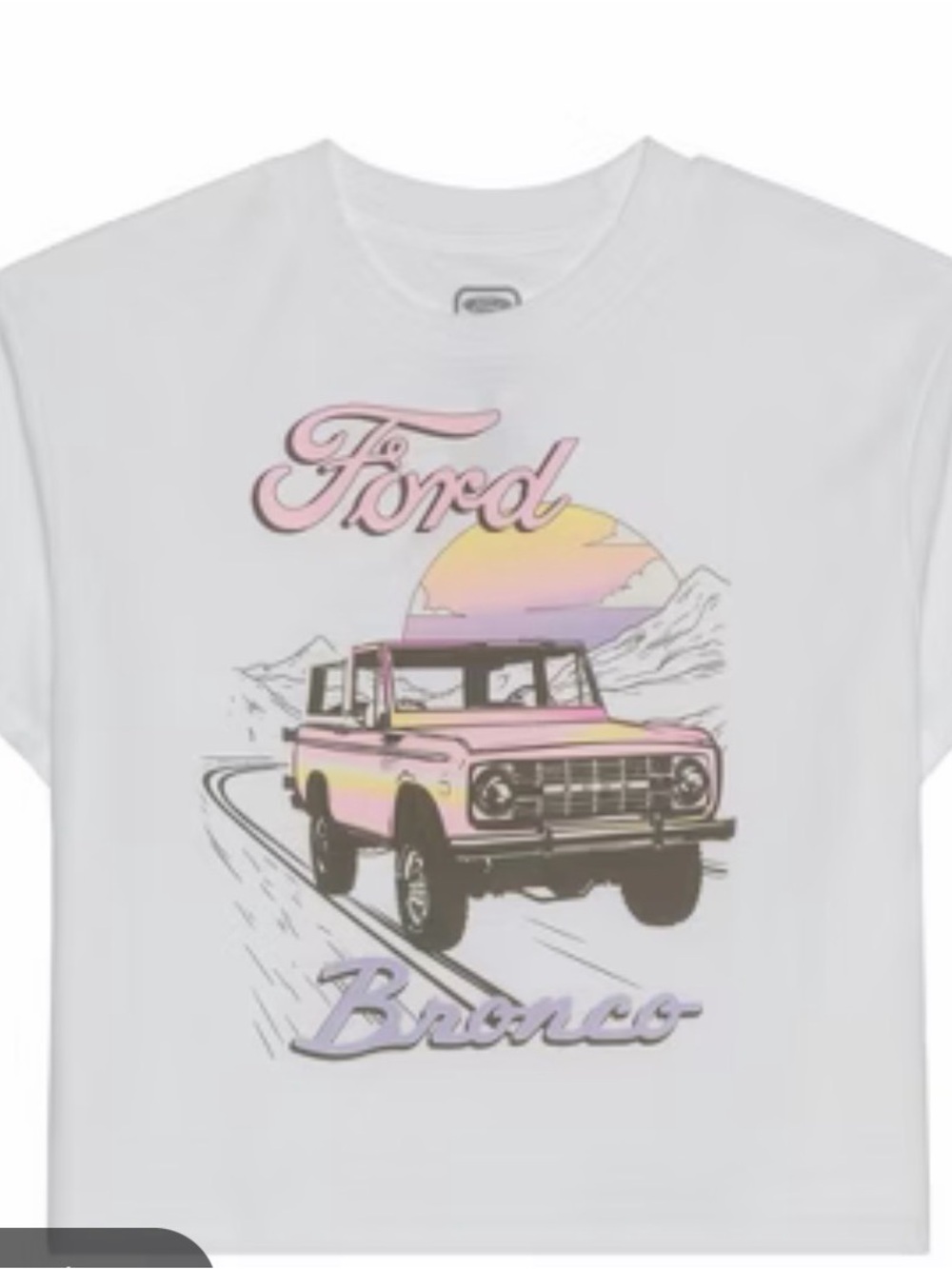 Hybrid Apparel White Crop Tee with Pink and Pastel Graphic - Ford Bronco